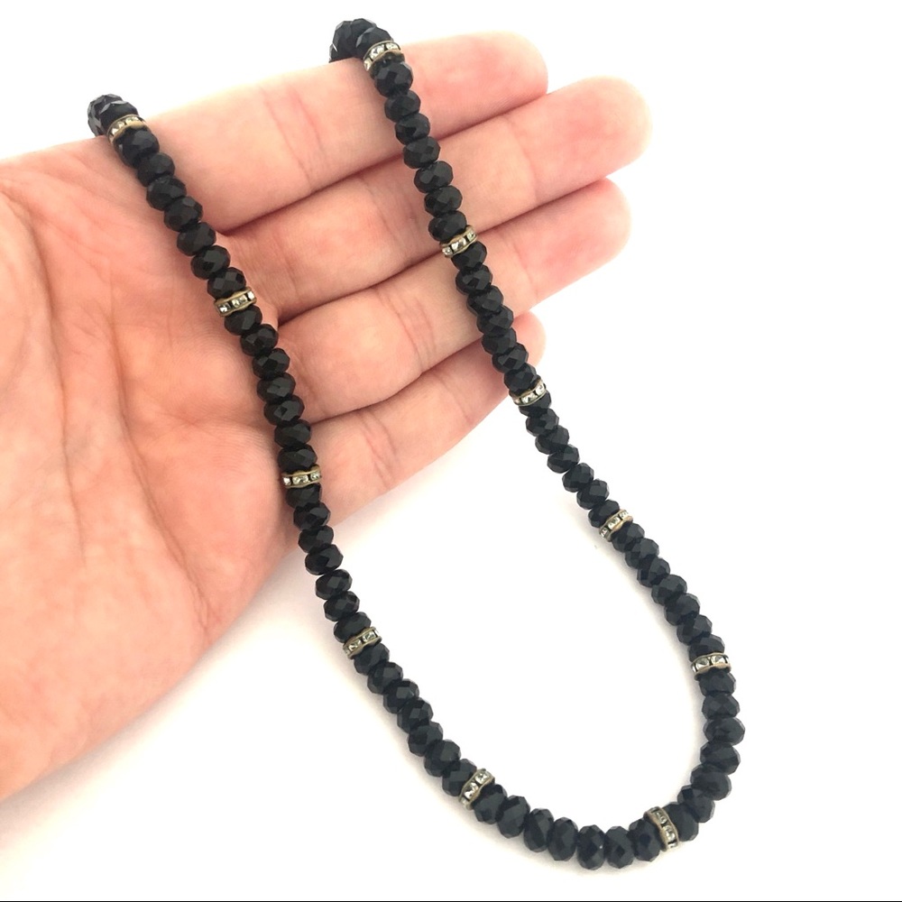 Vintage Black Glass Necklace Rhinestone Rondelle - Picture 6 of 7